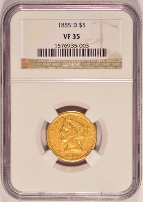 1855-D $5 Liberty Gold Half-Eagle NGC VF-35 Dahlonega Mint Pre-33 Gold - Image 1 of 4