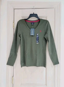 New U.S. POLO ASSN. Olive Green Long Sleeve V-Neck Knit Women Cotton Shirt M - Picture 1 of 9