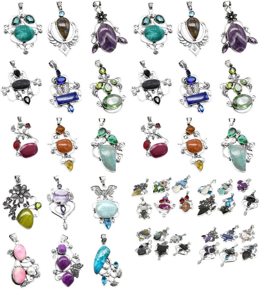 Verschiedene Natürlich Mix Edelstein Anhänger Menge Schmuck Hippie Versilberte - Bild 1 von 3