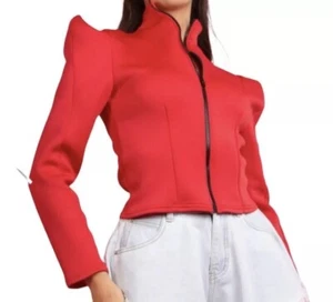 New Women's Red Zip Up Structured Neoprene Short Fashion Jacket UK 10-12 - Picture 1 of 8
