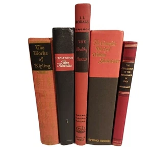 DECOR Book lot 5 Library Shelf Display Chic Interior Prop Red Black w/ Gold Text - Picture 1 of 9