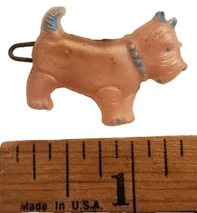 Girls Hair Barrette Pink Scottie Dog Celluloid 1.5" x 1" 1940s Blue Paint FREE S - Picture 1 of 6