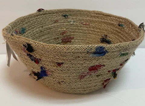 Vintage Jute Bread Basket with Woven Fabric Accents Unique Boho Cover