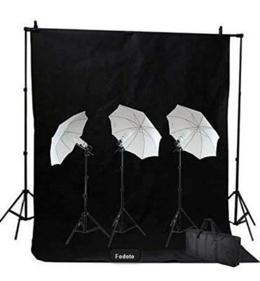 Fodoto 3-Point 1800W Continuous Umbrella Lighting Kit + Black Backdrop & Stand - Image 1 of 2