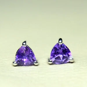 925 Sterling Silver With Natural Amethyst Trillion Gemstone Tiny Stud Earrings - Picture 1 of 5