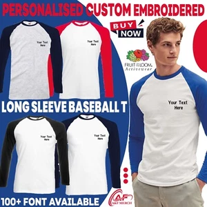 Personalised Embroidered Fruit of the Loom Long Sleeve Baseball T-Shirt Sports - Picture 1 of 10