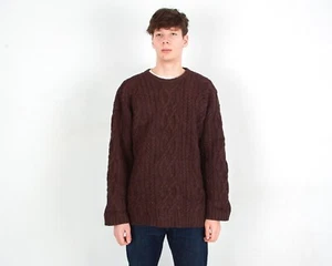 EMS Eastern Mountain Sports Sweater 100% Wool Men's L Burgundy Jumper Fisherman - Picture 1 of 5