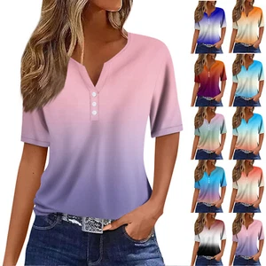 Womens T Shirts Short Sleeve V Neck Tops Gradient Summer Trendy Casual Outfits - Picture 1 of 18