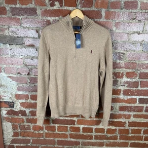 Polo Ralph Lauren Sweater Mens Large Tan Nubuck Heather Quarter Zip Cotton Knit - Picture 1 of 7