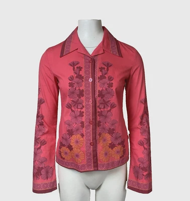 Vintage ROXY Shirt Print Blouse Pink UK8 Hibiscus Flowers Bell Sleeve Hippie Y2K - Image 1 of 4