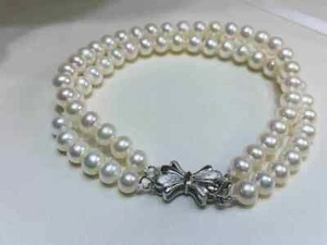 Gorgeous Double Strand Nanhai aaa7-8MM White Pearl Bracelet 7.5-8 inches 925S - Imagen 1 de 3