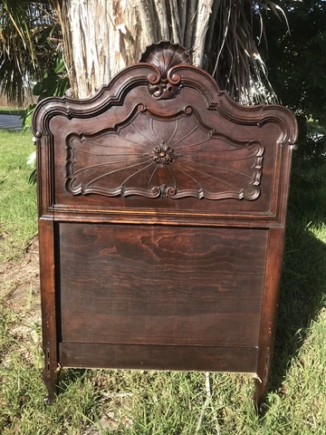 Vintage Early 1800’s France Louis XV Single Bed Headboard Carved Mahogany Wood Cover