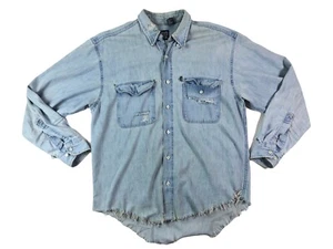 Vintage 90s Gap Light Wash Denim Made in USA Distressed Long Sleeve Shirt Medium - Picture 1 of 13