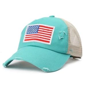 Teal Distressed Ponytail American Flag Distressed Trucker Hat - USA - Adjustable - Picture 1 of 1