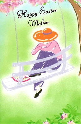 Feliz Pascua Madre Columpio Lector de Lectura en Flor Jardín Sombrero Tarjeta Temática Foto 1 de 3