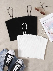 Shein Women's 2 Pack White & Black Lettuce Trim Rib knit Cami Top Sz Small A3204 - Picture 1 of 12