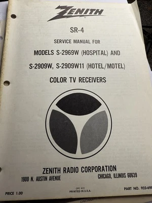 Zenith SR-4 Service Manual S-2969W S-2909W S-2909W11 TV Receiver Vintage - Image 1 of 4
