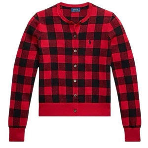 Polo Ralph Lauren Plaid Cotton-Wool Cardigan Size XS Buffalo Plaid Red Black - Picture 1 of 10