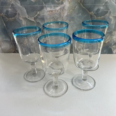 酒杯 5 件套蓝色边缘 7.5 英寸高脚杯 — 第 1/4 张图片