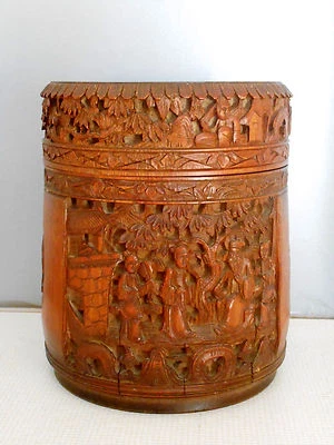 Boite à thé ancienne en bambou sculpté.Chine.Bois - Photo 1/4