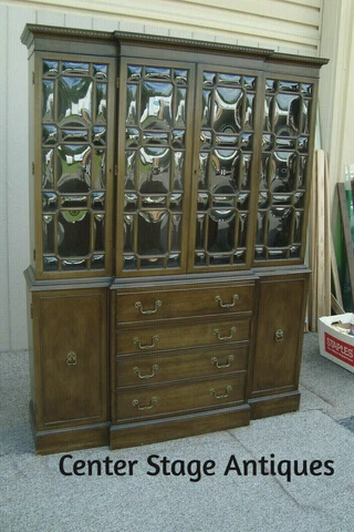 61182 Antique Mahogany 2 pc Bubble Glass Breakfront China Cabinet Curio w/ DESK Cover
