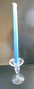 Clear Glass Candlestick Includes Blue Candle 6 Inch Tall - Picture 1 of 2