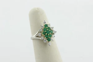 14K White & Yellow Gold Emerald & Diamond Cluster Style Ring - Size 7 - Picture 1 of 8