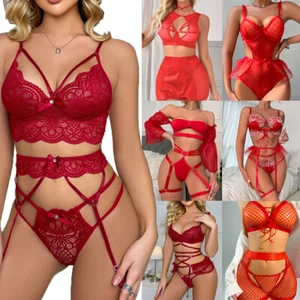 Women's Sexy Lingerie Babydoll Lace Bra Thong Set Sleepwear Underwear Bodysuit - Picture 1 of 61