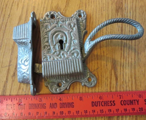 Antique Ornate Cabinet Cupboard Latch handle Lock horse shoe Cast Brass ? Pewter Cover