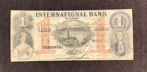 BANKNOTE INTERNATIONALE BANK 1858 $ 1 EIN DOLLAR KANADA TORONTO BLAUE ANLAGE - Bild 1 von 8