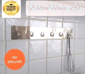 Adhesive Kitchen utensil Hook Wall Rack Holder Chrome Hanger Steel 6 hooks - Picture 1 of 3