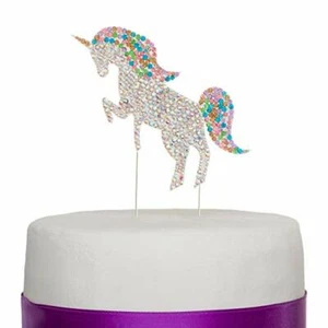 Topper de pastel de estrás unicornio arco iris para niñas fiesta de cumpleaños (plata) - Imagen 1 de 6