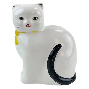 Vintage Cat Figurine Coin Bank With Plug White Black Tail Kitty Ceramic Taiwan - Picture 1 of 10