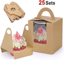 25Set Single Cupcake/Muffin/Fairy Cake Boxes With Handle Clear Window Gift Box