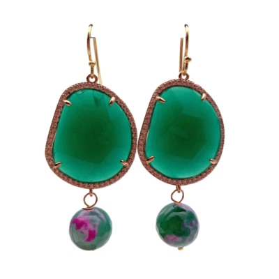 Green Crystal Cubic Zirconia Pave Round Agate Dangle Hook Earrings - Image 1 of 4