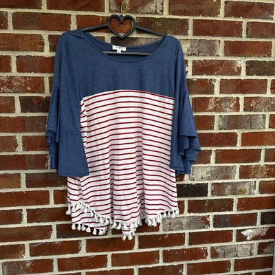 Umgee USA Women's Patriotic Striped Tassel Bell Sleeve Top Large america - Image 1 of 4