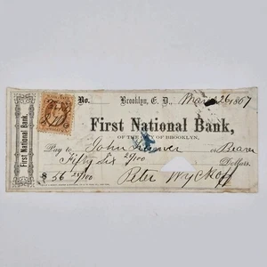 Antiguo sello de dos centavos First Natl Bank de 1867, Brooklyn, Nueva York con cheque bancario del IRS - Imagen 1 de 4