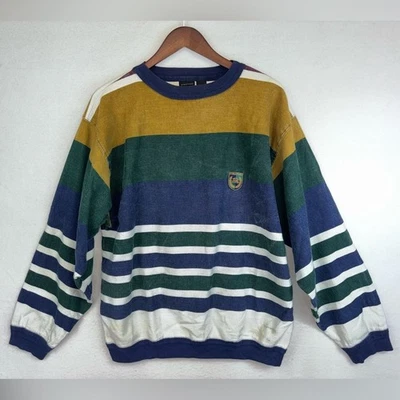 VINTAGE STRUCTURE Men 90's Striped Long Sleeve Crest Shirt Sweater Cotton Large - Image 1 of 4