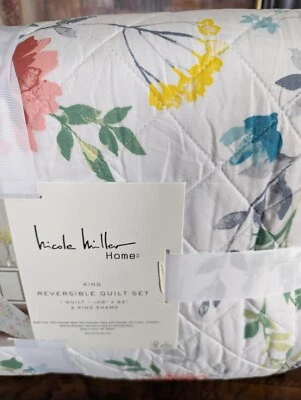 Nicole Miller Home Reversible Spring Floral King Quilt Set With Shams New - Image 1 of 4