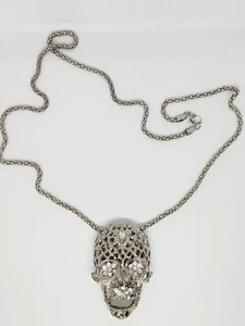 Rhinestone Skull Skeleton Pendant Statement Necklace Goth Silvertone Thick Chain - Picture 1 of 6