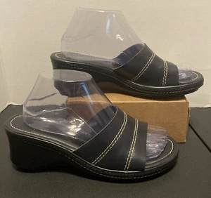 GEORGE  Leather Upper Sandals 8.5 Black Slip On Shoes Brazil Wedge Heels - Picture 1 of 12
