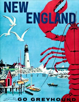 New England 1960 Go Greyhound Vintage Poster Print Lighthouse Lobster Travel  - Image 1 of 4