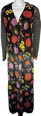 Maxi Vestido De Colección Años 60 Terciopelo Ácido Oscuro Floral Flower Power Mod Transparente Manga Larga S Foto 1 de 4
