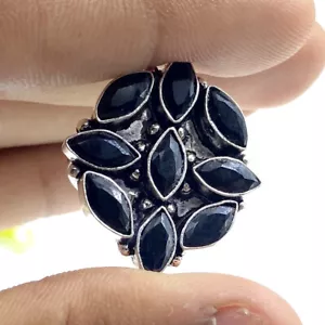 925 Sterling Silver Black Spinel Gemstone Jewelry Flower Adjustable Ring - Picture 1 of 4