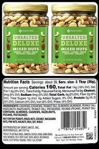 2 Packs Member's Mark Unsalted Deluxe Mixed Nuts 34 oz Each Pack - Picture 1 of 1
