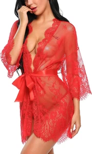 Women'S Lace Kimono Robe Babydoll Lingerie Mesh Nightgown S-5XL - Picture 1 of 12