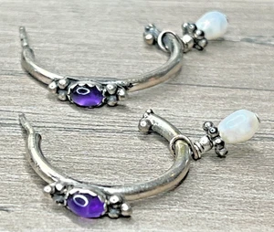 Vintage Sterling 925 Purple Amethyst & Pearl Dangle Half Hoop Southwest Earrings - Picture 1 of 7