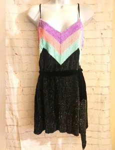 NWT Retrofête Sequin Chevron Spaghetti Strap Top Black Tie Front Dress Sz.M $795 - Picture 1 of 13
