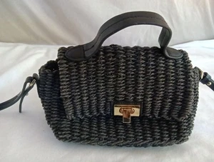 Zara Black Woven Paper Mini Satchel Bag w Gold Clasp Top Handle Crossbody Strap - Picture 1 of 9
