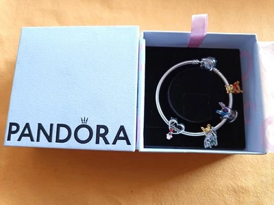 Pandora Armreif Grinsekatze mit 4 x Pandora Disney Charms ALE 925 - Bild 1 von 4